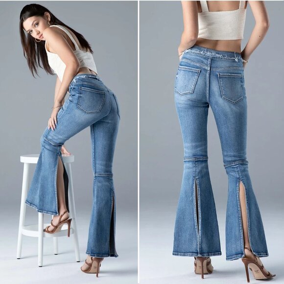 CEROS Mid Rise Super Flare JEANS Size 31 Blue Denim Back Slit NEW - Picture 1 of 12